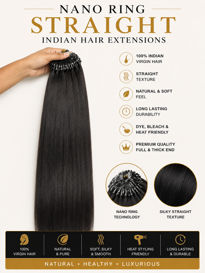 Indian Remy hair extensions with nano rings in natural black and brown, long-lasting hair extension by Gaurash Beauty Supply.