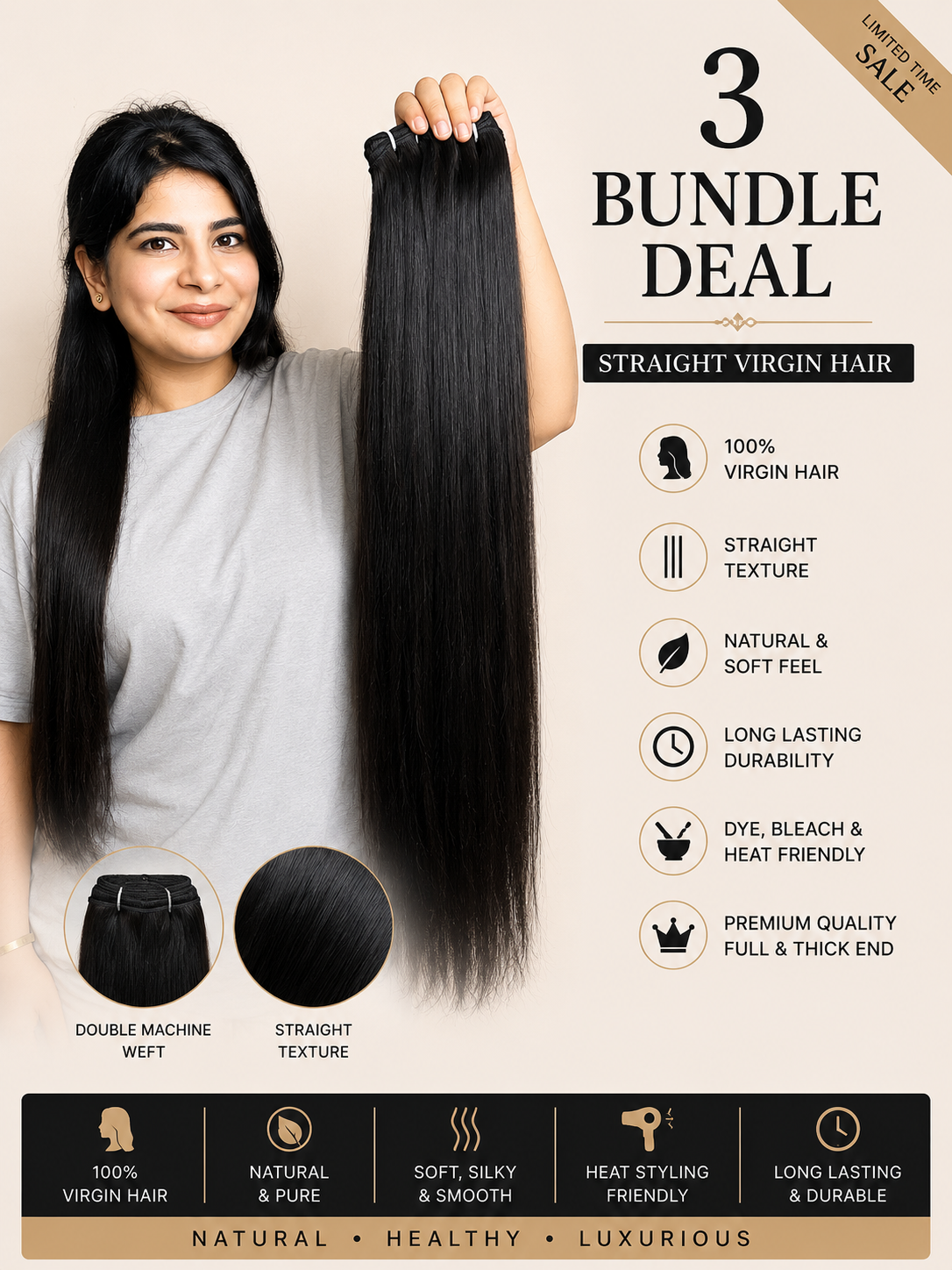 Black straight virgin human hair bundle with smooth, long strands