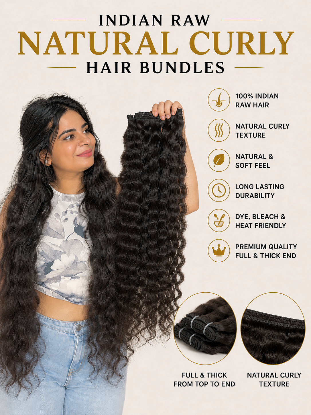 Indian raw curly human hair bundles by Gaurash Beauty Supply, featuring natural bounce, shine, and unprocessed virgin hair.
