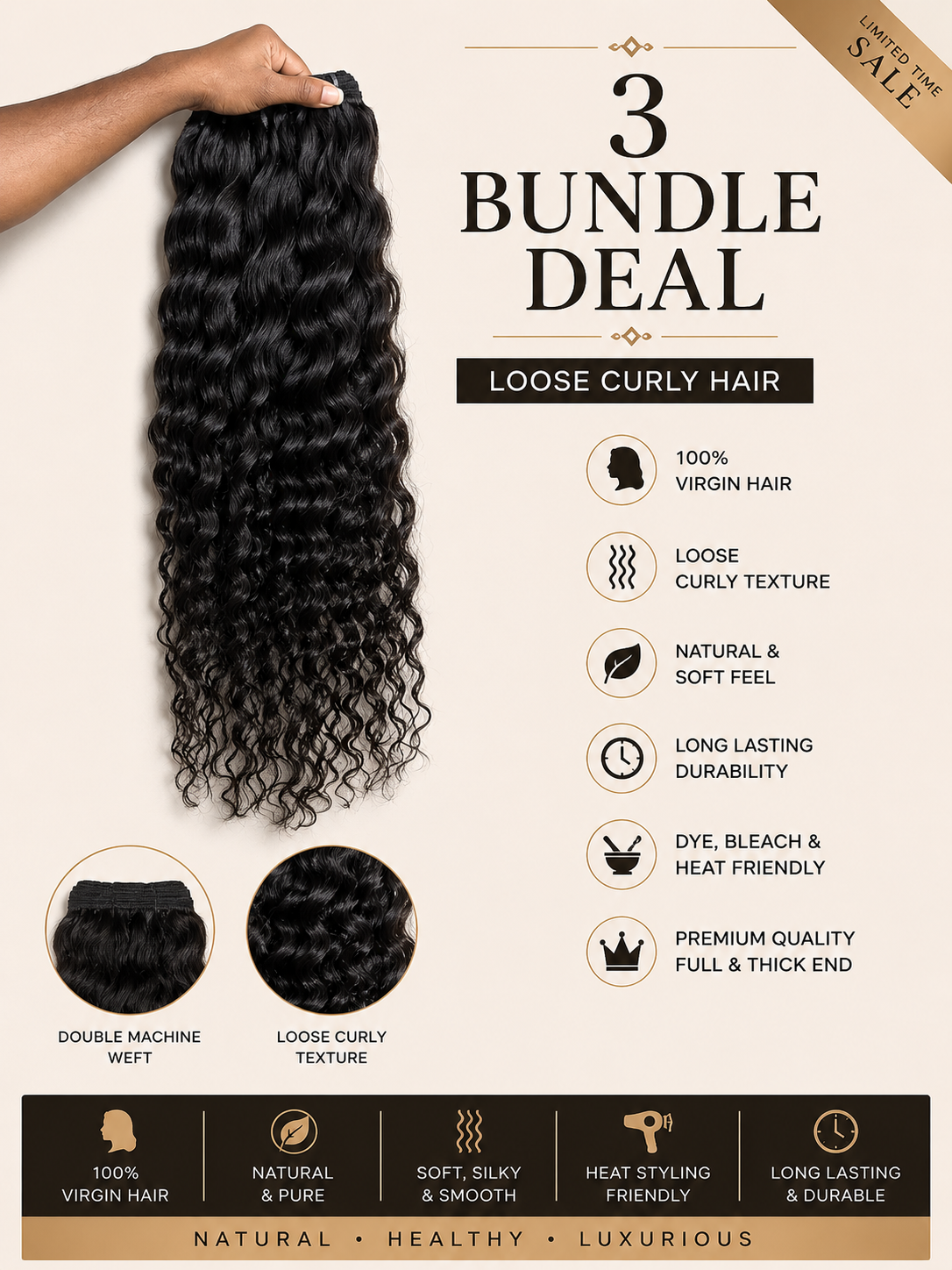 3 bundle deal loose curly hair with printed features and two hair texture circles