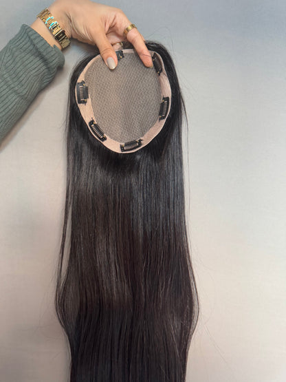 Indian hair topper for hair loss by Gaurash Beauty Supply Inc, showing natural hair strands and top coverage.