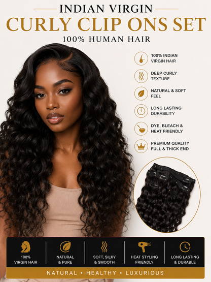 Indian Virgin Curly Clip-In Hair Extensions set by Gaurash Beauty Supply, showing 200 grams of natural, curly human hair extensions.