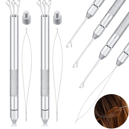 4-in-1 Hair Extension Tools, Includes Loop Needle Threader, Knitting Needles and Holder for Beads Dreadlock Wig Hair Extensions