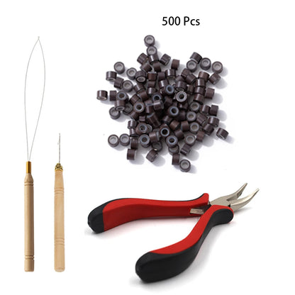 Gaurash Beauty Supply hair extensions beads tools kit with micro pulling needle, loop threader, and 500 silicone-lined micro rings.