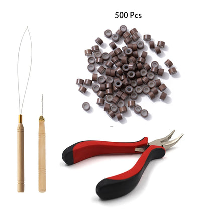 Gaurash Beauty Supply hair extensions beads tools kit with micro pulling needle, loop threader, and 500 silicone-lined micro rings.