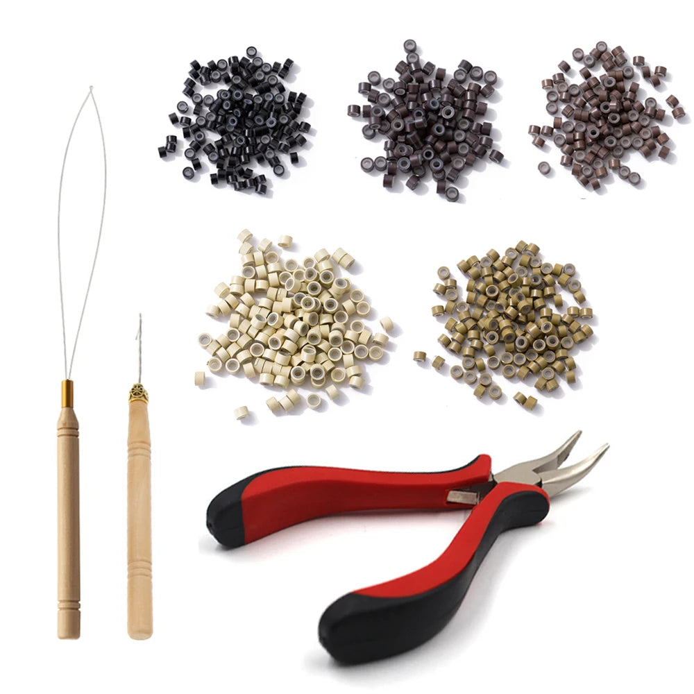 Hair Extensions Beads Tools Kit Extensions Micro Pulling Needle, Loop Threader and 500 Pieces Silicone Lined Micro Rings