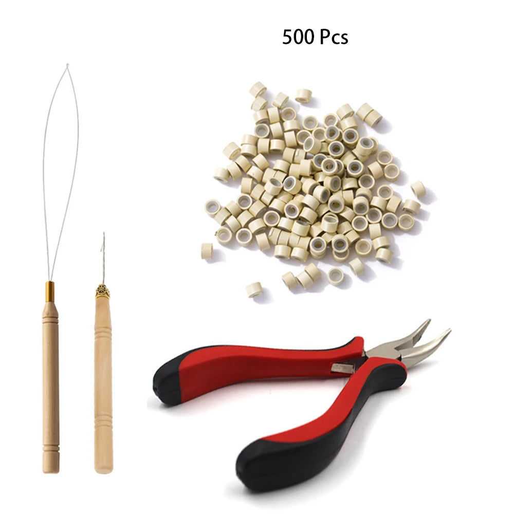Hair Extensions Beads Tools Kit Extensions Micro Pulling Needle, Loop Threader and 500 Pieces Silicone Lined Micro Rings