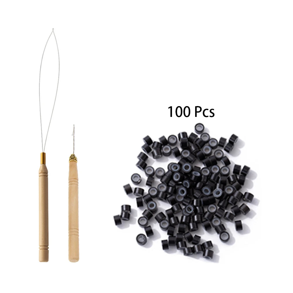 Hair Extensions Beads Tools Kit Extensions Micro Pulling Needle, Loop Threader and 500 Pieces Silicone Lined Micro Rings