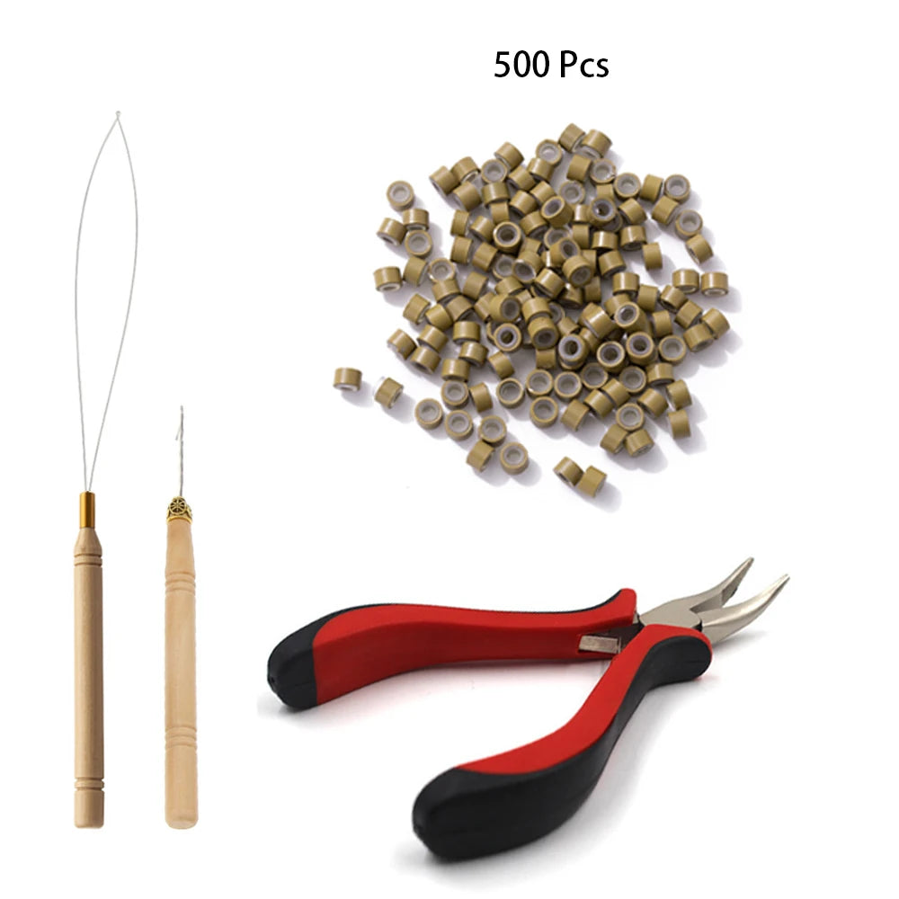 Hair Extensions Beads Tools Kit Extensions Micro Pulling Needle, Loop Threader and 500 Pieces Silicone Lined Micro Rings