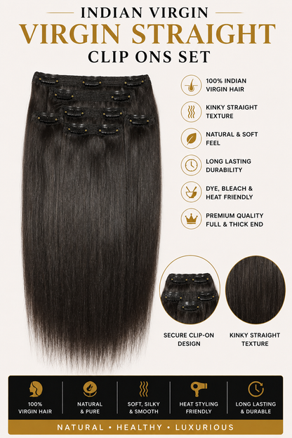 Virgin clip-in straight hair extensions set by Gaurash Beauty Supply, featuring natural human hair in a 120-gram weight.