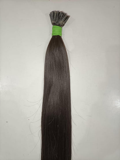 Indian Virgin Straight I-Tip Keratin Hair Extensions by Gaurash Beauty Supply Inc, showing sleek 100% human hair extensions with keratin tips.