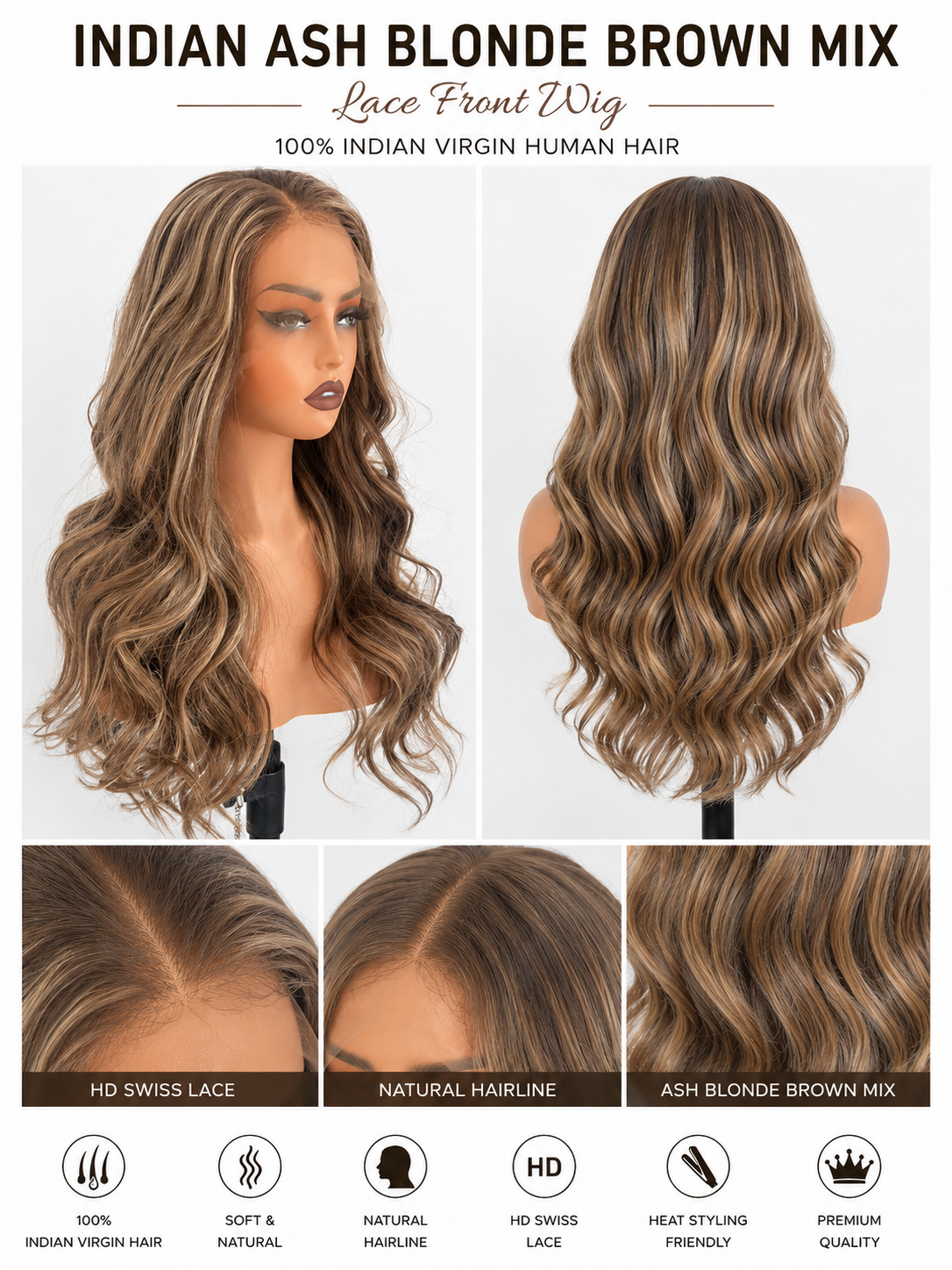 Ash Blonde Brown Mix Lace Front Wig: 100% Raw Human Hair