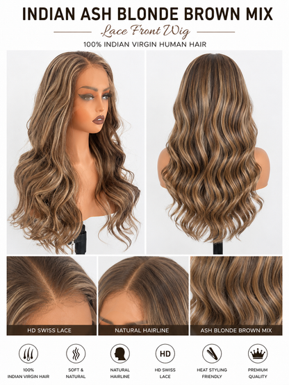 Ash blonde and brown mix lace front wig made from 100% raw human hair by Gaurash Beauty Supply, styled with natural waves.