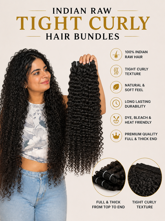 Steam-enhanced raw Indian tight curly hair bundles from Gaurash Beauty Supply, showing shiny, tightly curled hair bundles.