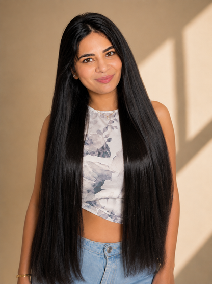 Indian raw straight hair bundles from Gaurash Beauty Supply Inc, showing natural straight hair extensions with a smooth texture.