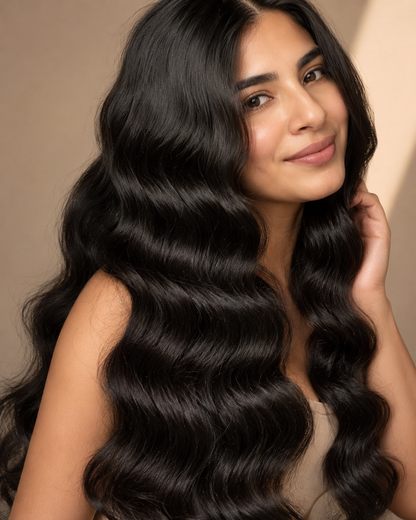 Indian Virgin Body Wave human hair bundles from Gaurash Beauty Supply Inc, showing long, smooth, wavy hair extensions.