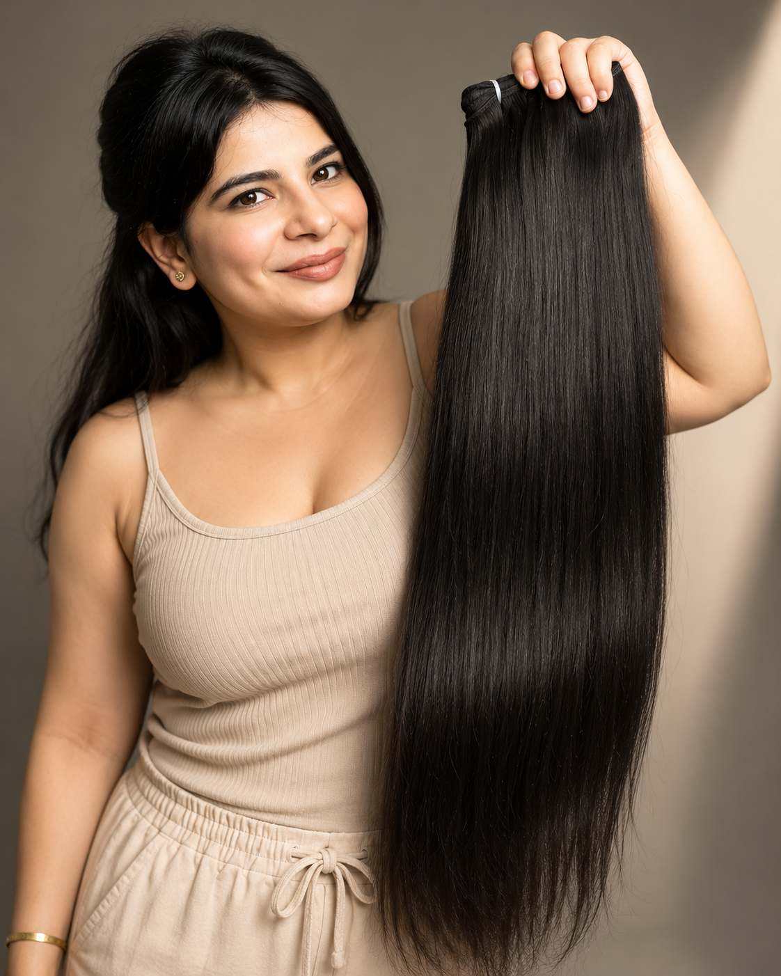 Indian virgin straight hair extension bundles by Gaurash Beauty Supply Inc, showing silky straight hair bundles.