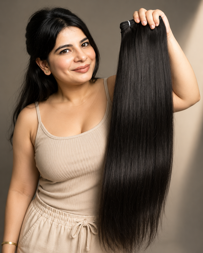 Indian virgin straight hair extension bundles by Gaurash Beauty Supply Inc, showing silky straight hair bundles.