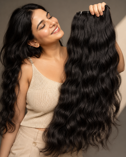 Three Indian Virgin Wavy Human Hair Bundles from Gaurash Beauty Supply, suitable for sew-in and wig styles, natural wavy texture.