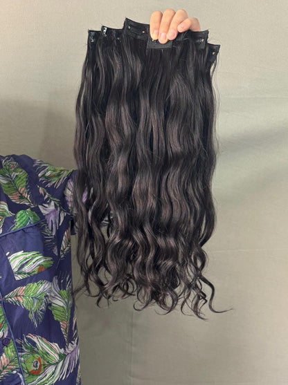 Indian Virgin Wavy Clip-In Hair Extensions by Gaurash Beauty Supply, 200g, showcasing natural wavy hair with clips attached.