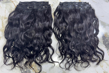 Indian Virgin Wavy Clip-In Hair Extensions by Gaurash Beauty Supply, 200g, showing wavy, natural-looking hair extensions with clips.