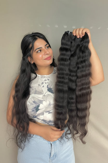 Indian raw curly human hair bundles from Gaurash Beauty Supply, showcasing natural bounce, shine, and unprocessed virgin hair.
