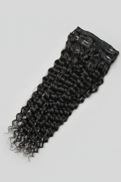 Indian Virgin Curly Clip-In Hair Extensions Set by Gaurash Beauty Supply, 200 grams of natural human hair with curly texture.