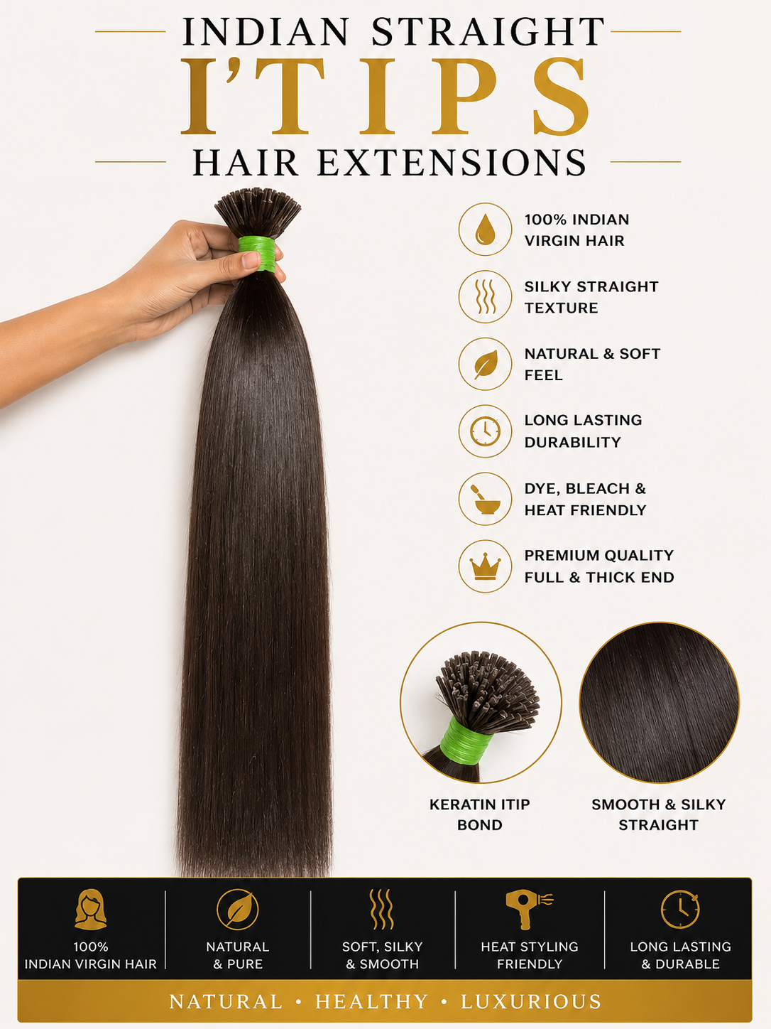 Remy Indian human hair I-tip extensions with microlink application, salon quality, 100g bundle from Gaurash Beauty Supply.