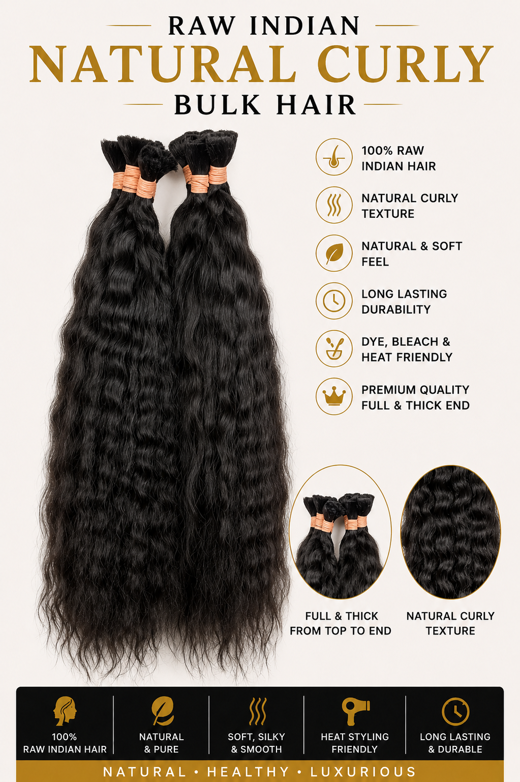 Natural Indian raw curly bulk hair for wig making, premium human hair extensions by Gaurash Beauty Supply