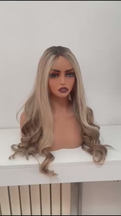 100% Raw Human Hair HD Lace Front Wig – Blonde with Natural Highlights, Soft Wave