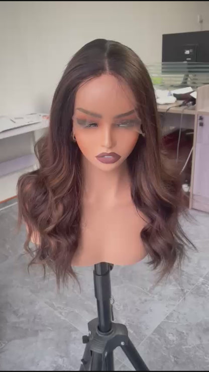 Chocolate Brown Human Hair Wig with Caramel Highlights – 100% Real Hair, 180% Density, HD Lace