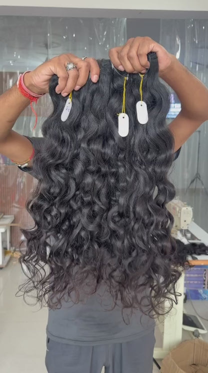 Raw Indian Wavy Hair Bundle, 100% Single Donor Temple Hair, Unprocessed Virgin Human Hair Extensions, Natural Black Raw Hair